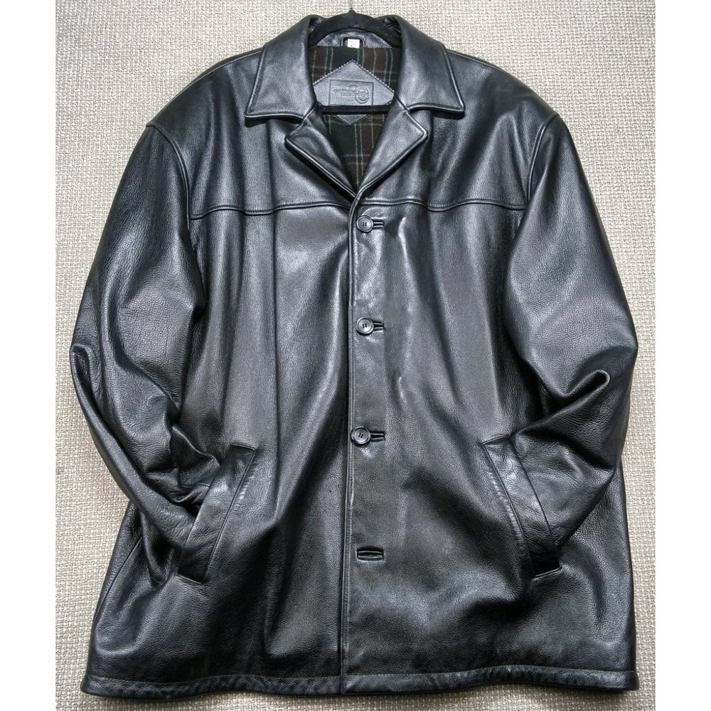 Vintage Outerwear Collection Black Leather Car Coat Plaid Lined Men's XL Y2K
